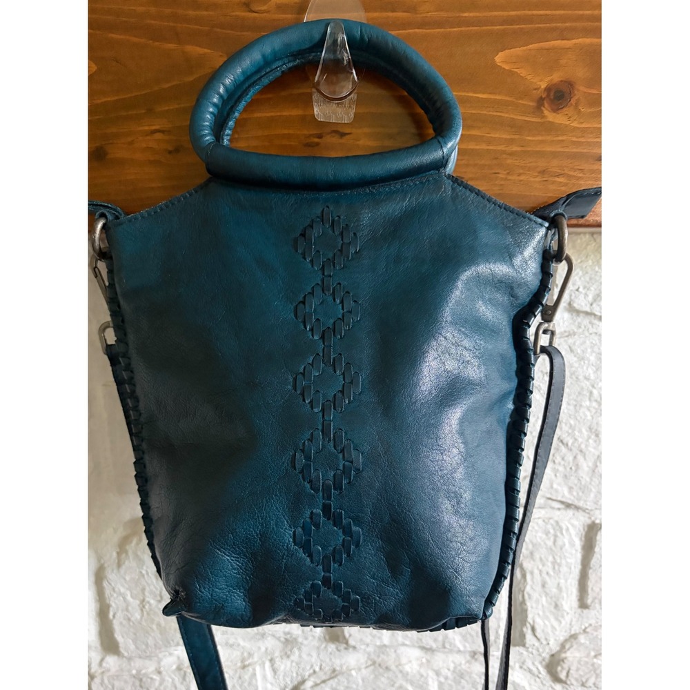 Vintage Latico Teal Leather Handbag Whipstitch Crossbody Tote Geometric Detail - Picture 3 of 17
